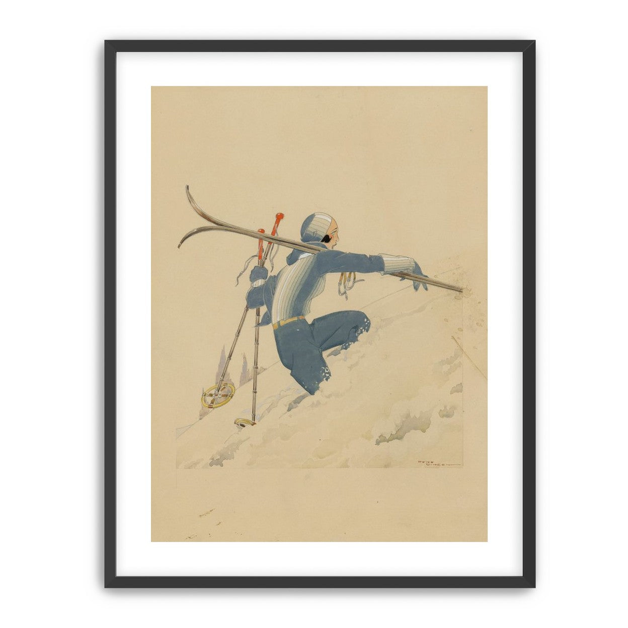 Blue skier in pale snow