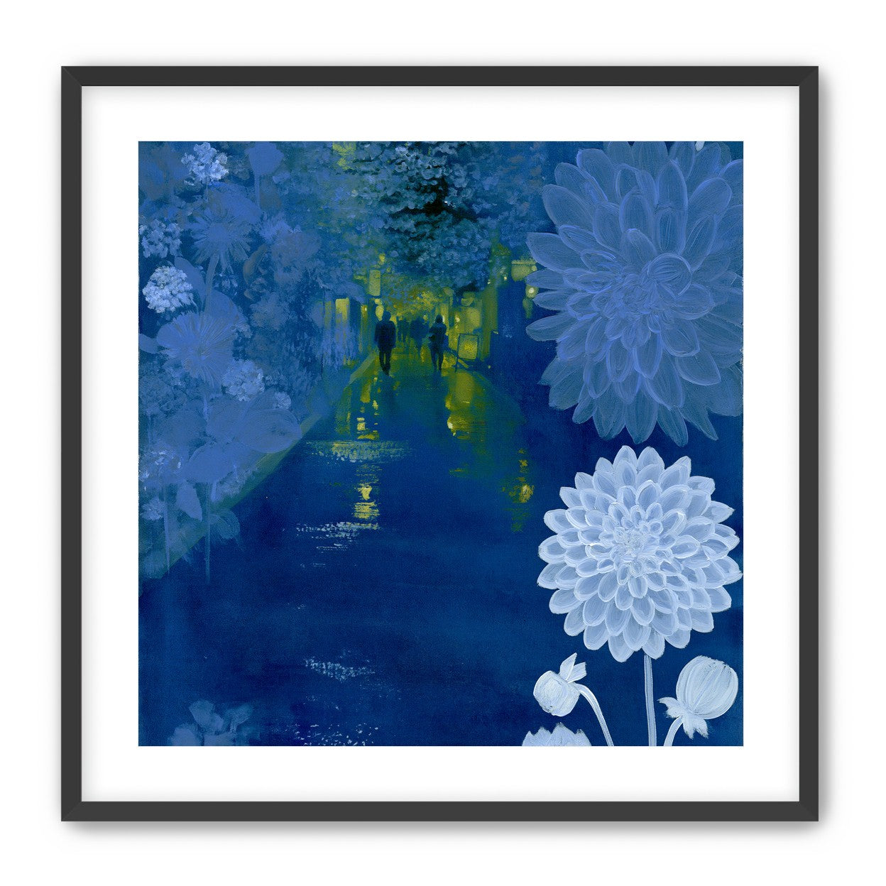 Two walkers under giant flowers