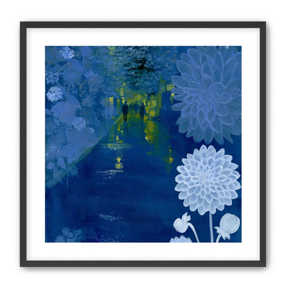 Two walkers under giant flowers