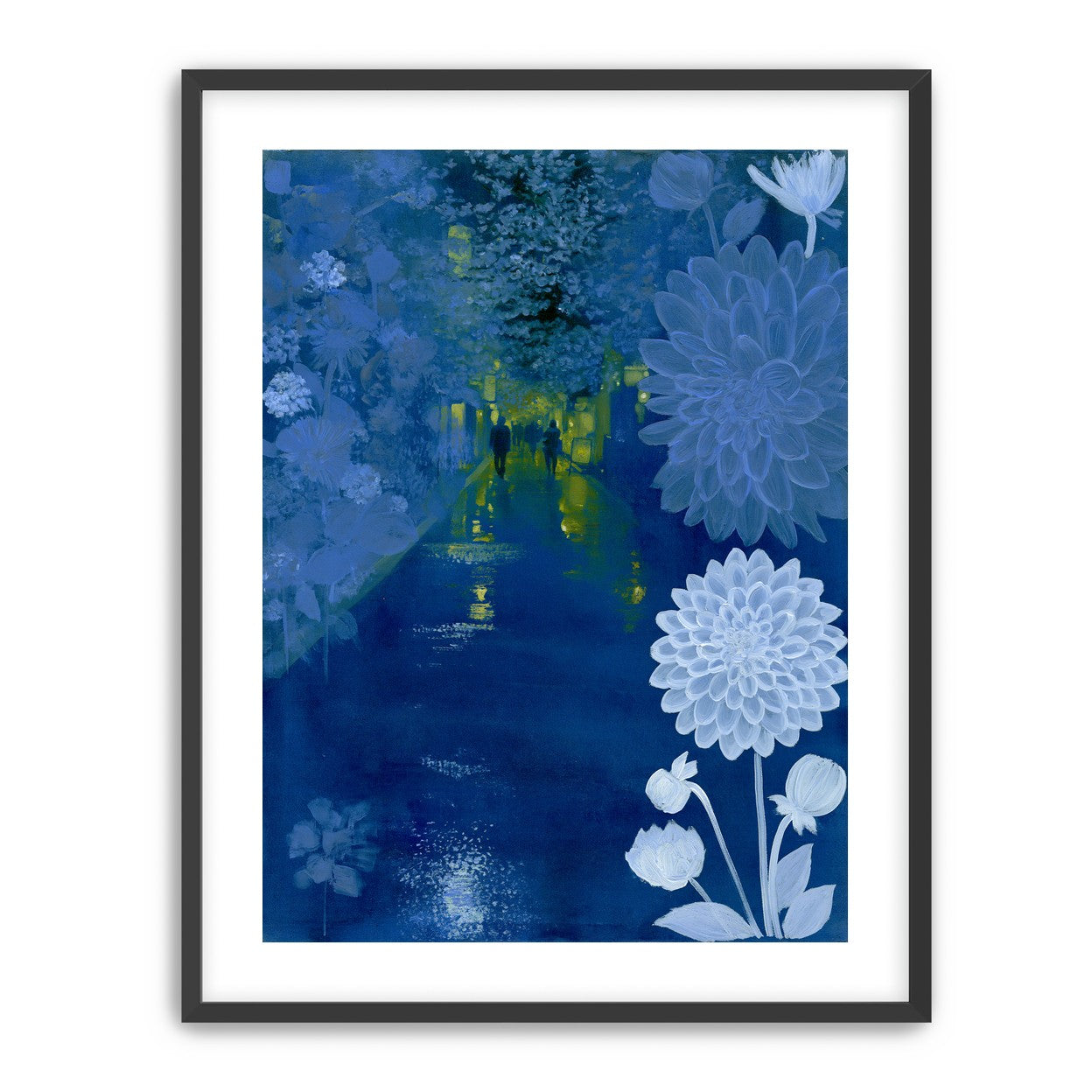 Two walkers under giant flowers