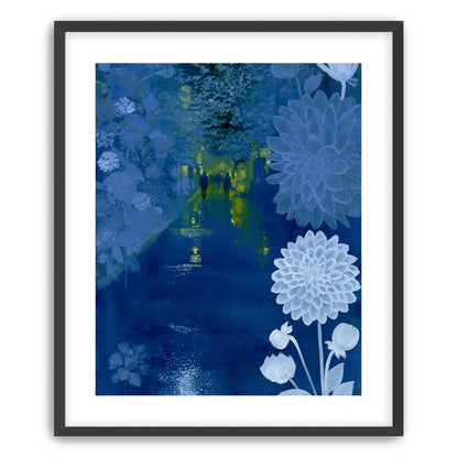 Two walkers under giant flowers