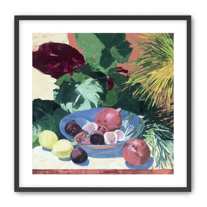 Blue bowl under palm frond