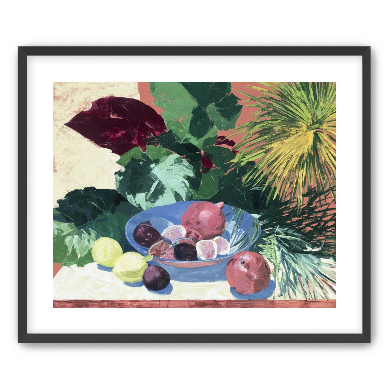 Blue bowl under palm frond