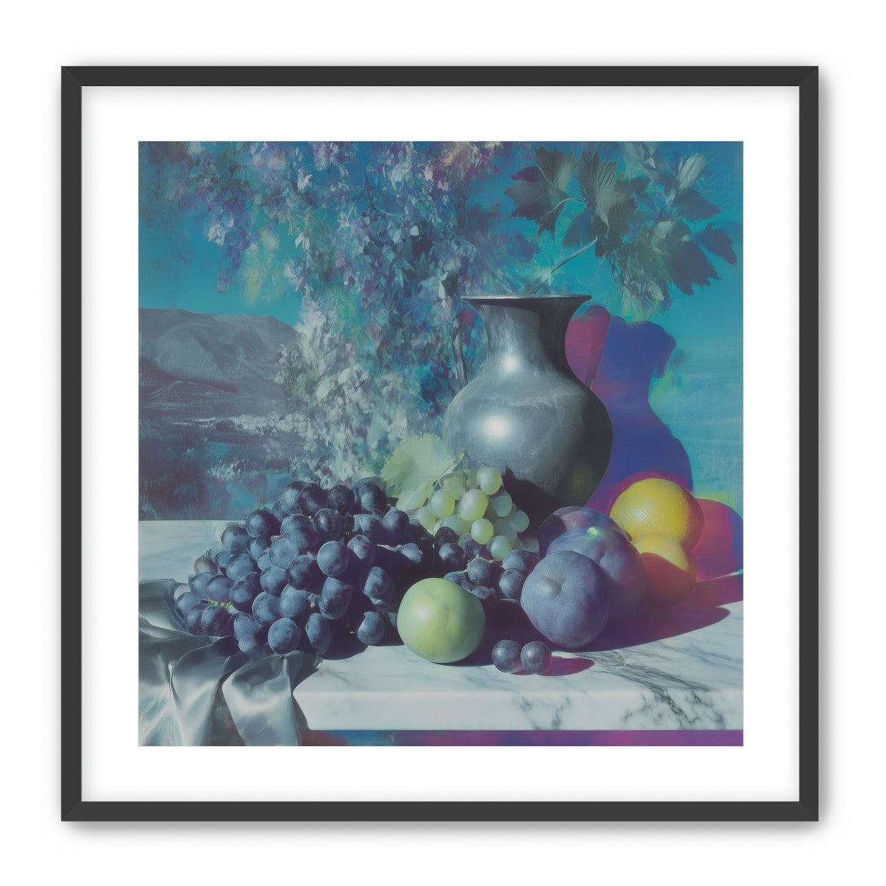 Vase and fruit in blue haze