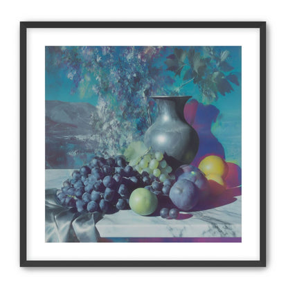 Vase and fruit in blue haze