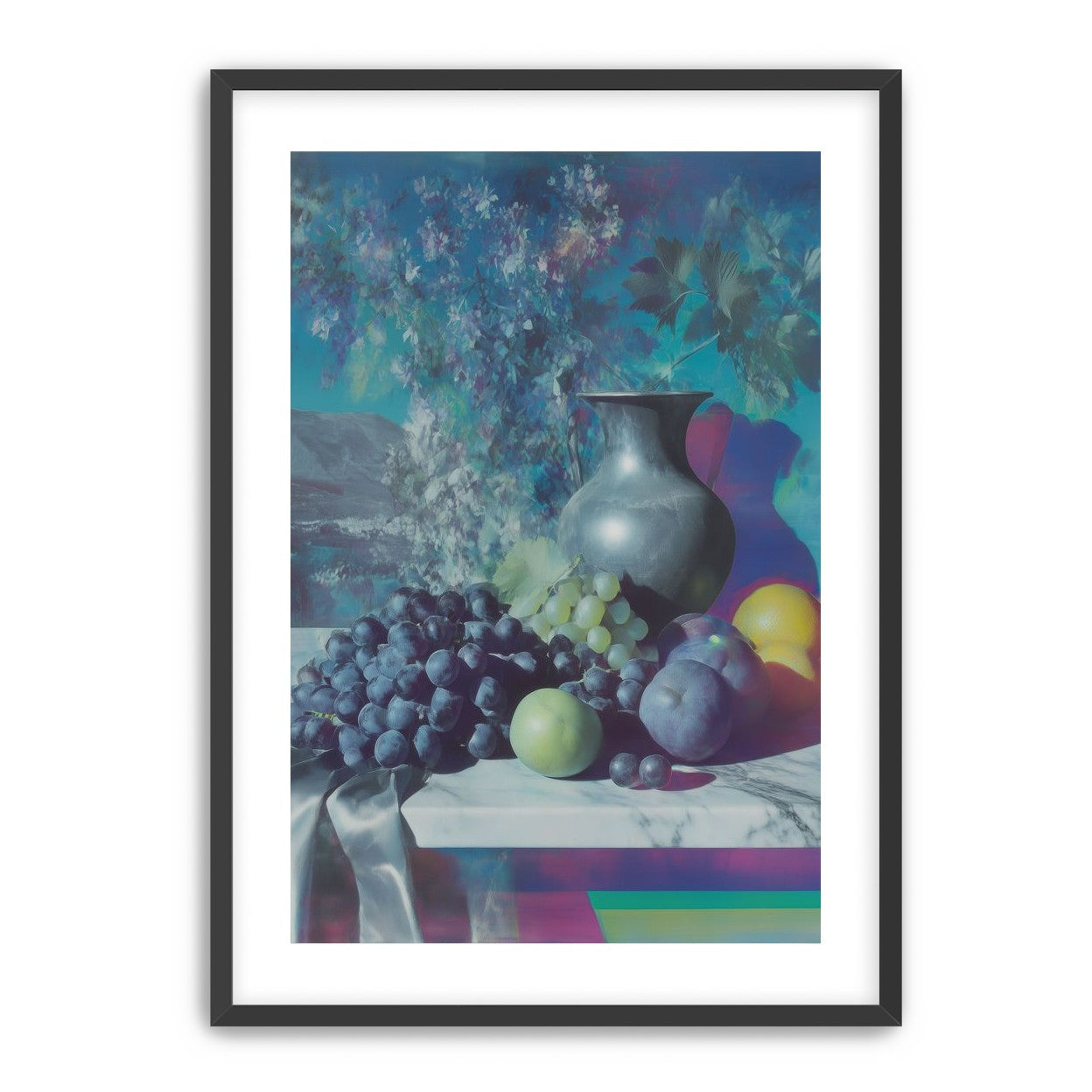 Vase and fruit in blue haze