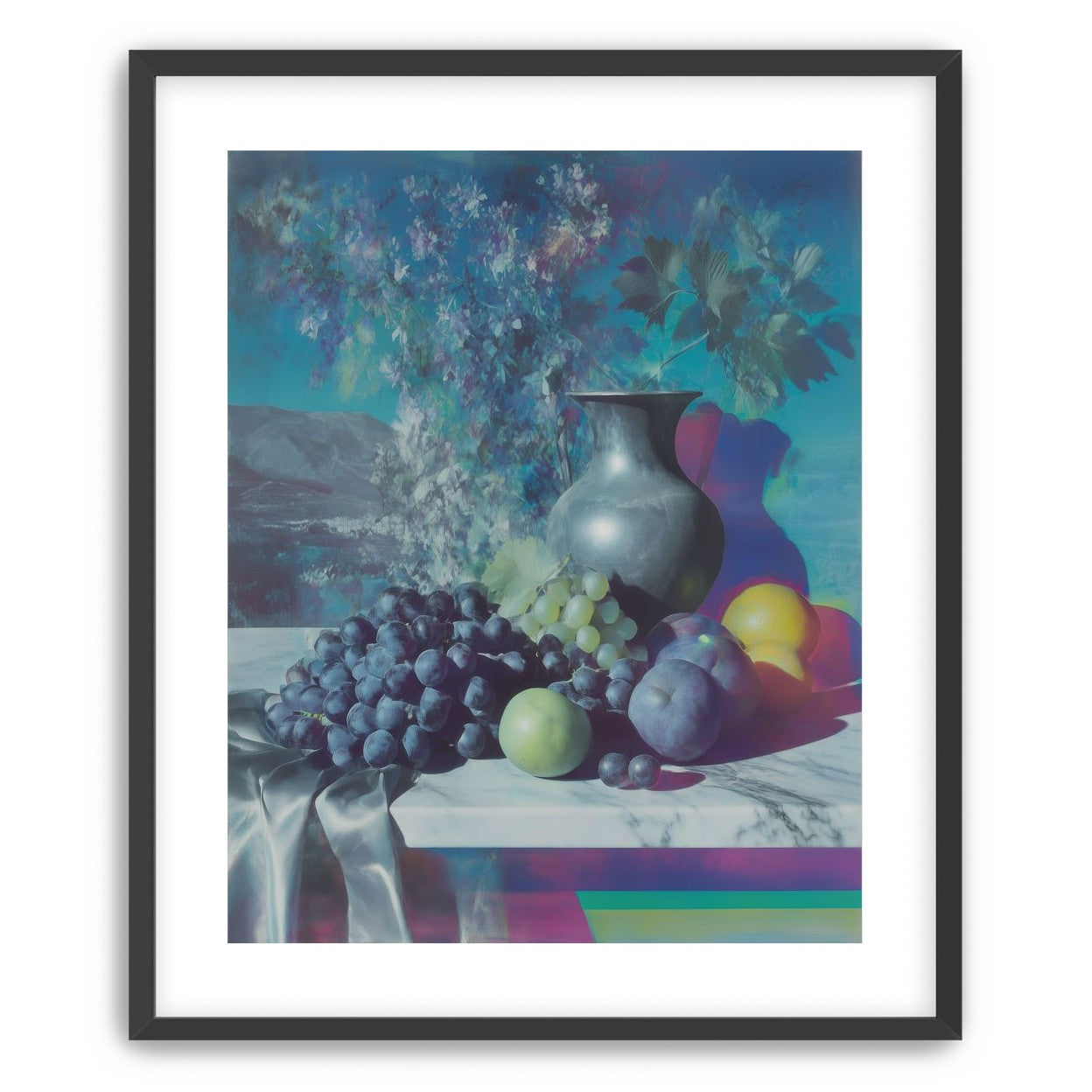 Vase and fruit in blue haze