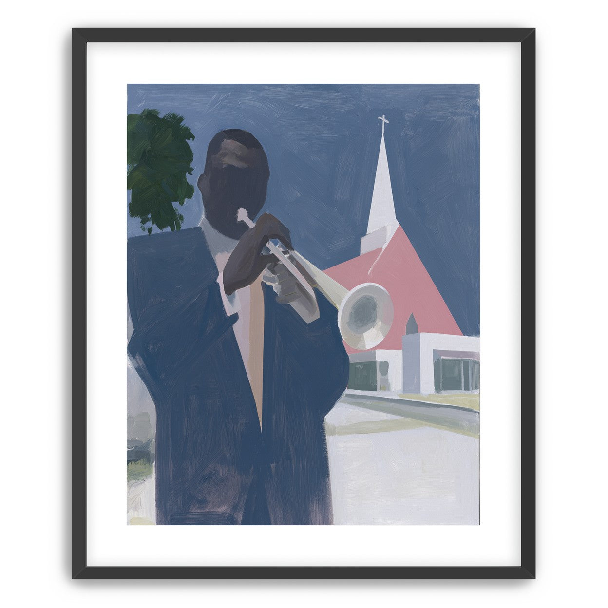 Blue sky over pink church