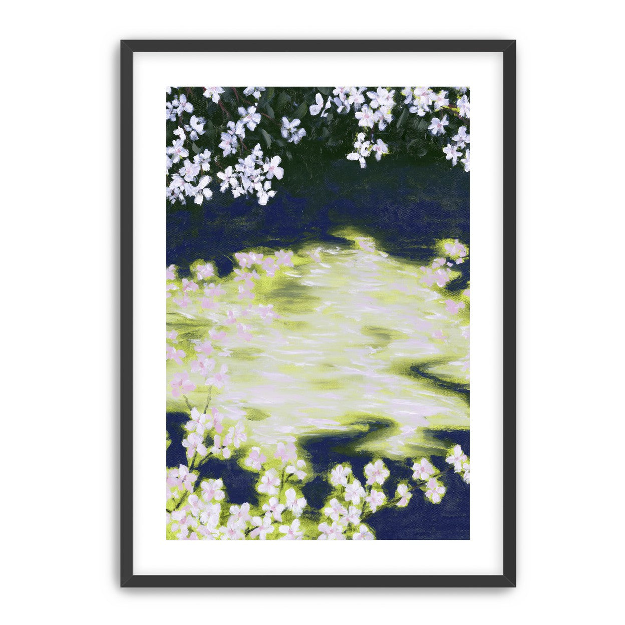 Petals crossing the bright water