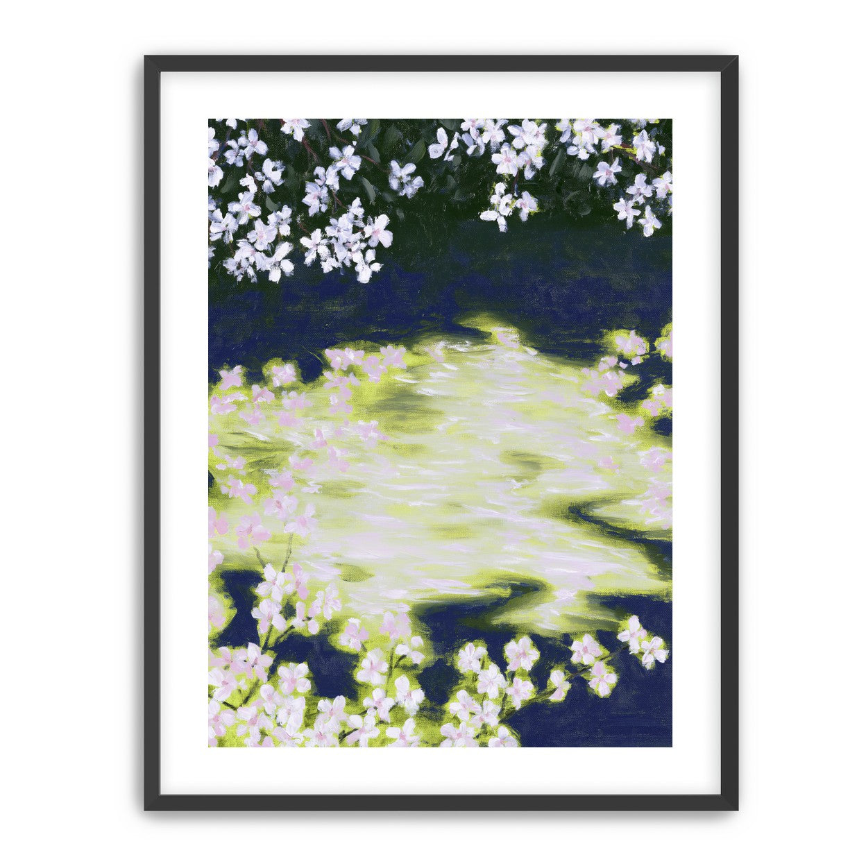 Petals crossing the bright water