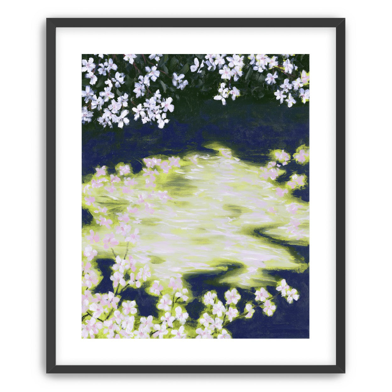 Petals crossing the bright water