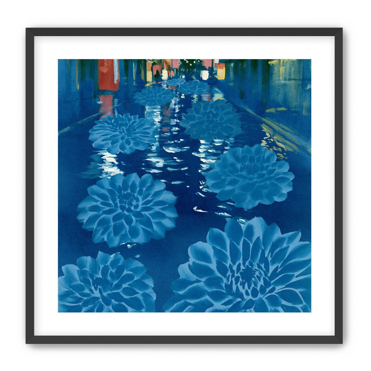 Neon spills into blue floodwater