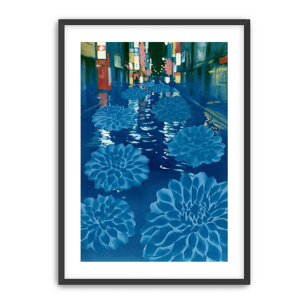 Neon spills into blue floodwater