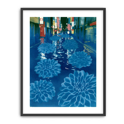 Neon spills into blue floodwater
