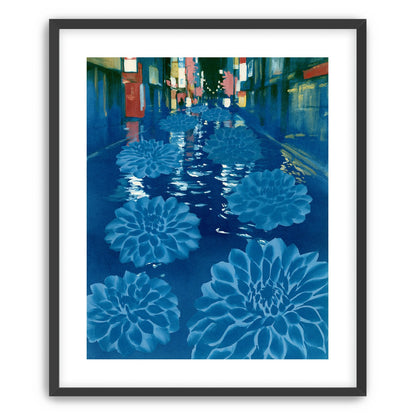 Neon spills into blue floodwater