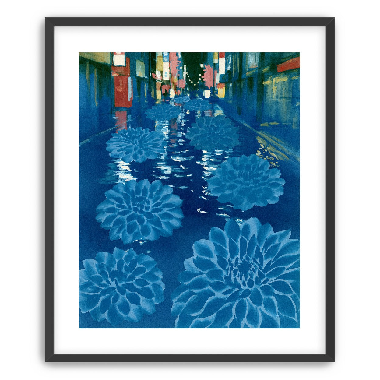 Neon spills into blue floodwater