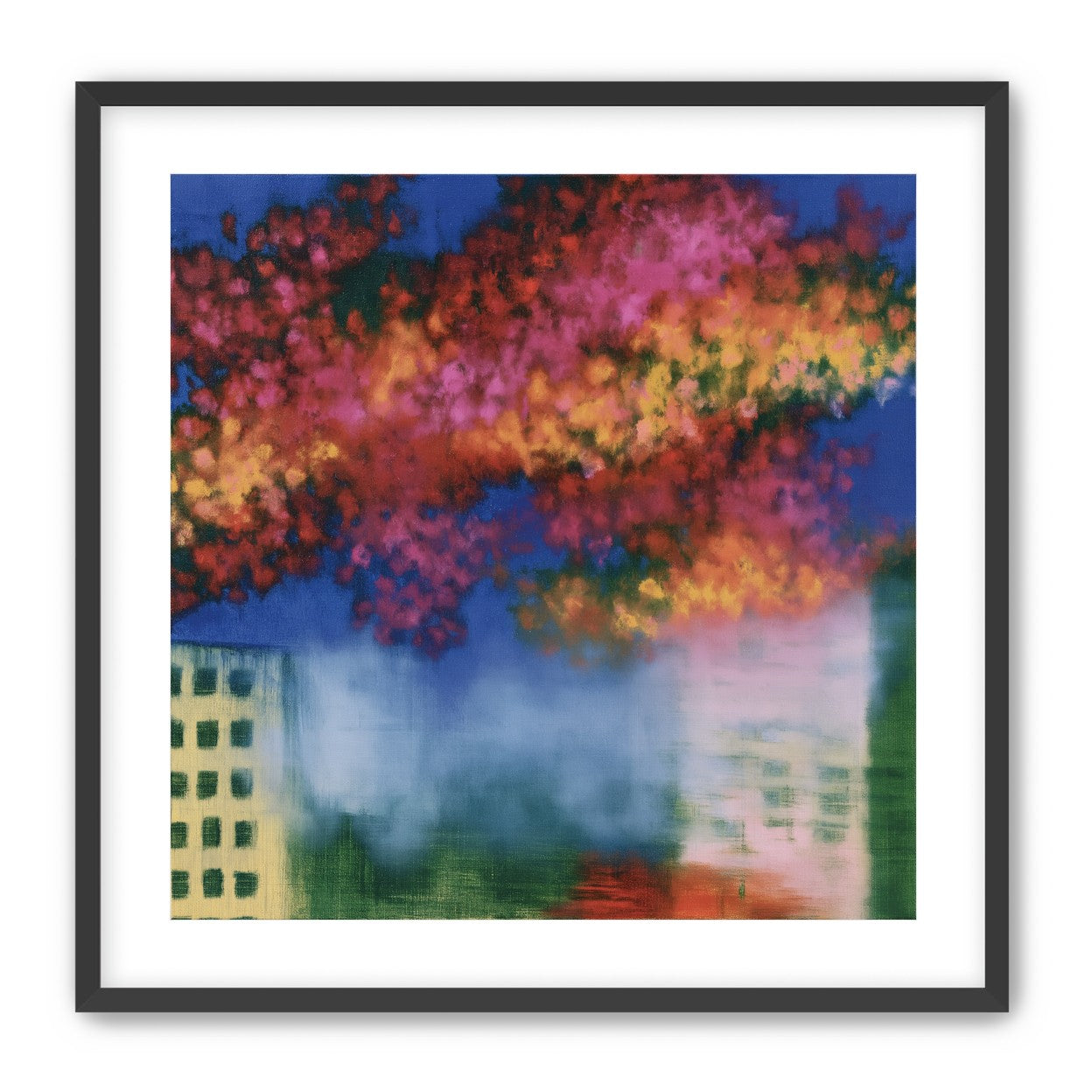 Trees above blurred windows