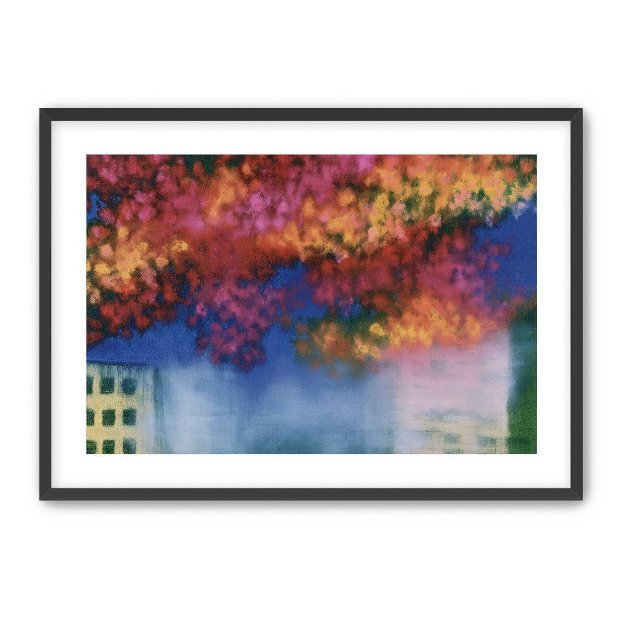 Trees above blurred windows