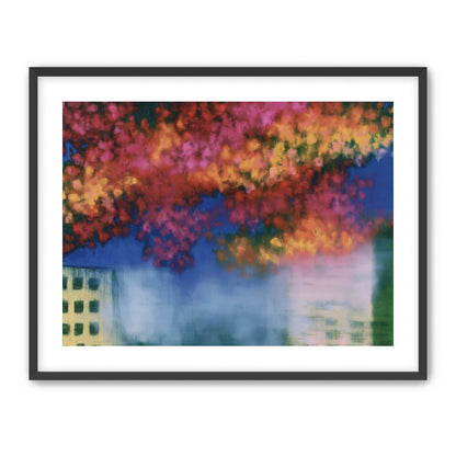 Trees above blurred windows