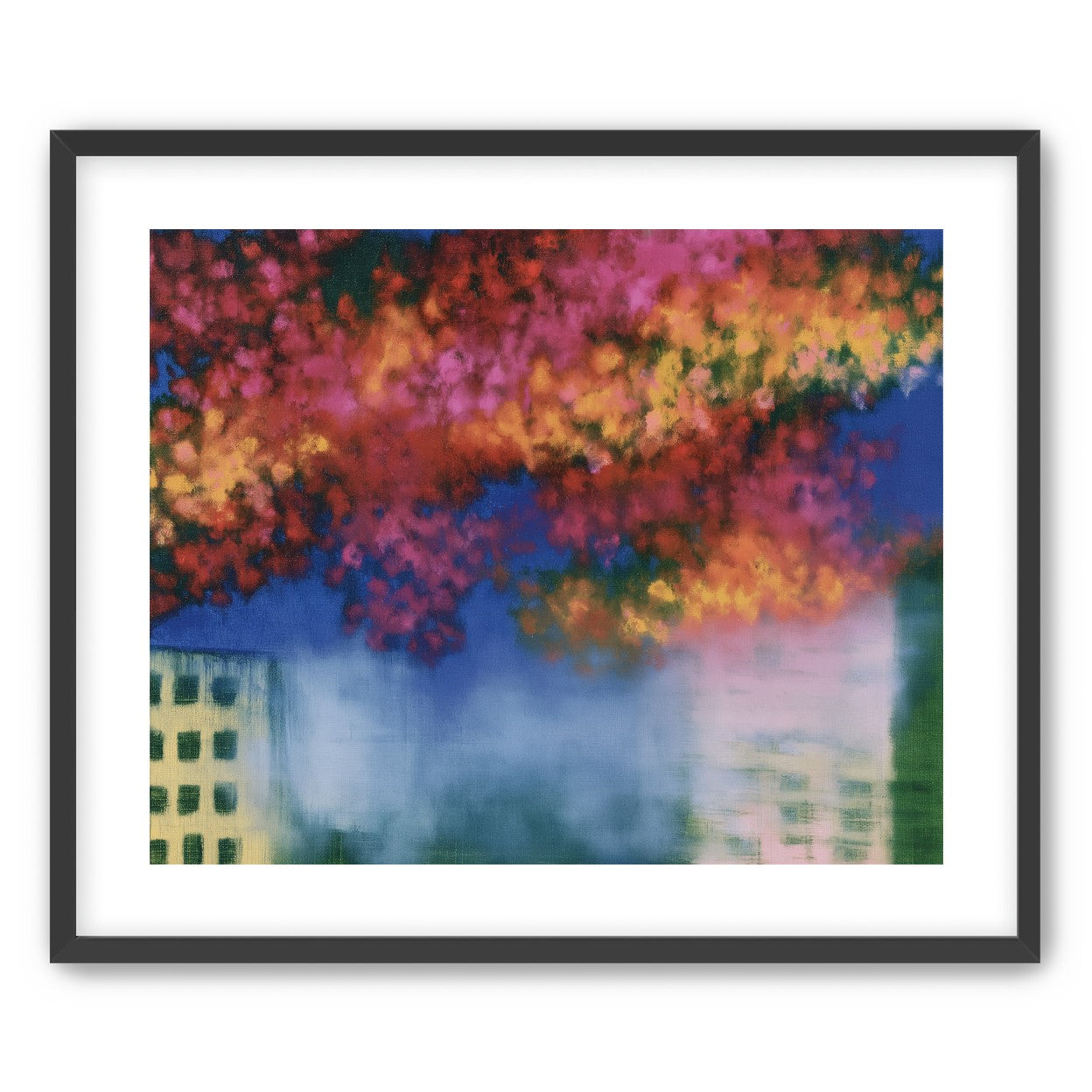 Trees above blurred windows