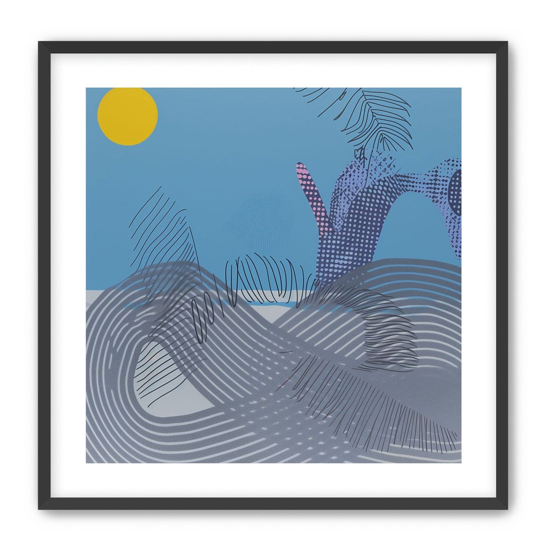 Yellow sun over striped hills