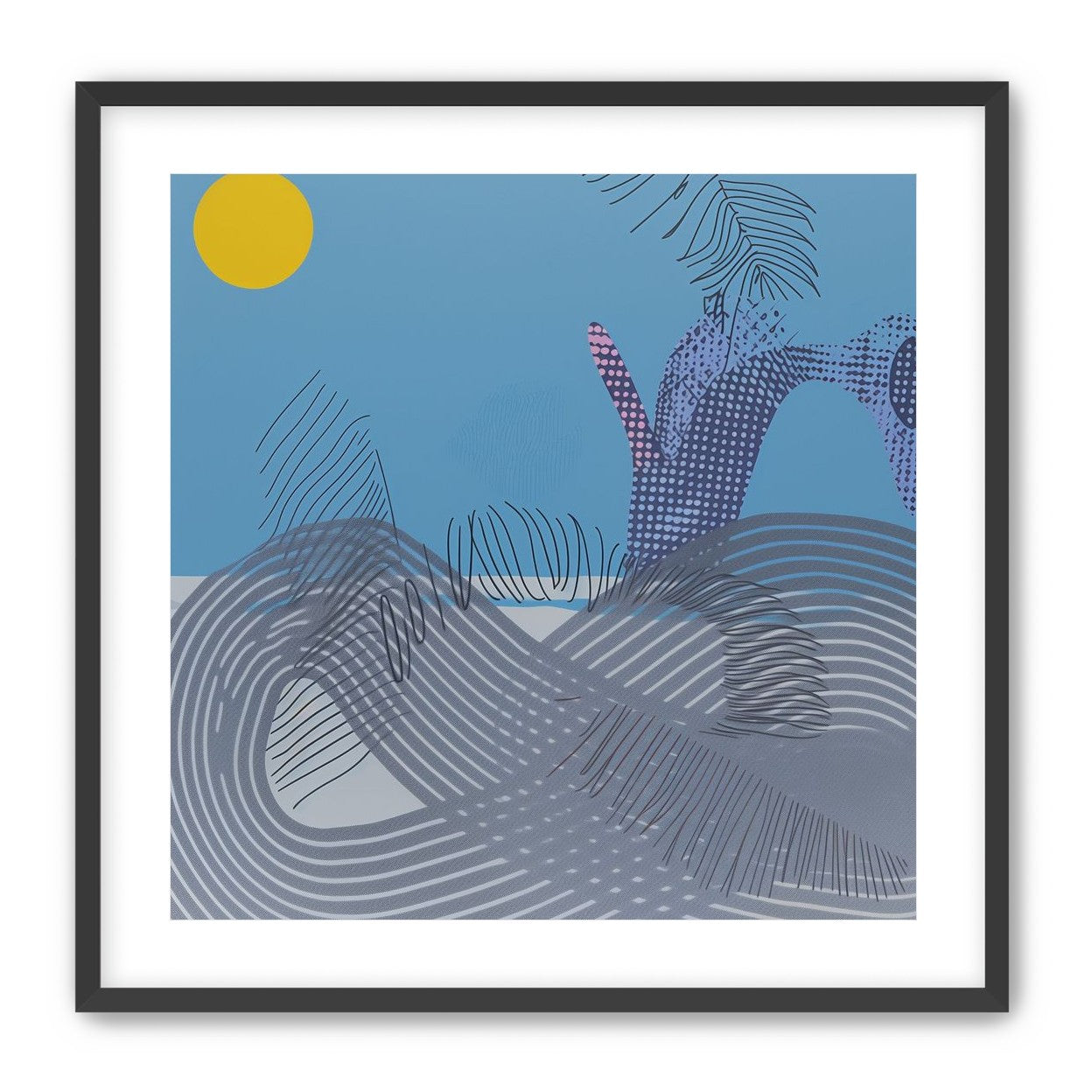 Yellow sun over striped hills