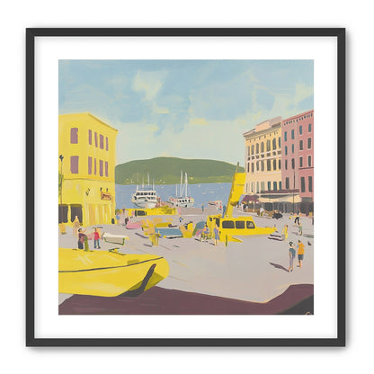 Yellow boats among pastel buildings