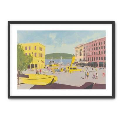 Yellow boats among pastel buildings