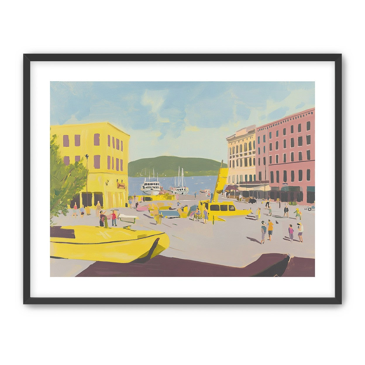 Yellow boats among pastel buildings