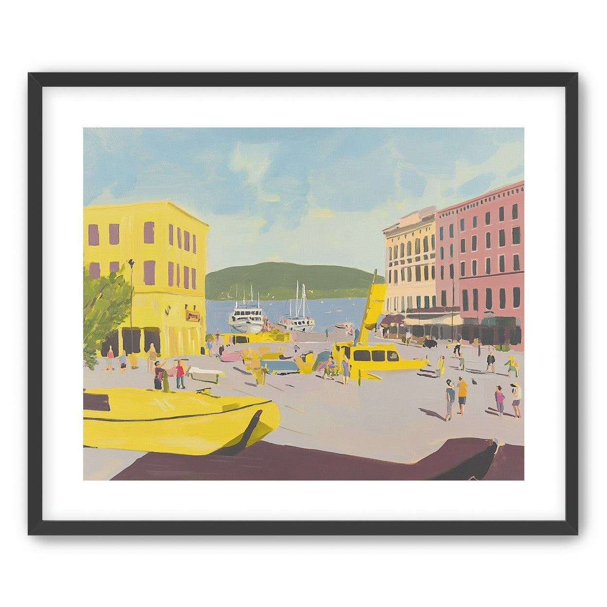 Yellow boats among pastel buildings