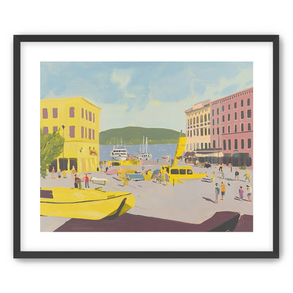 Yellow boats among pastel buildings