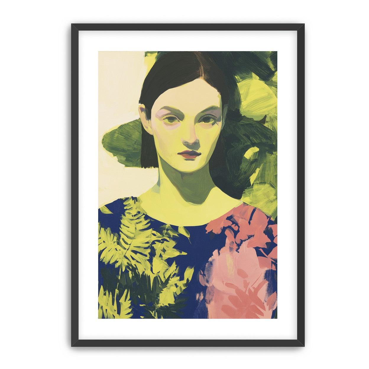 Green leaves behind her portrait