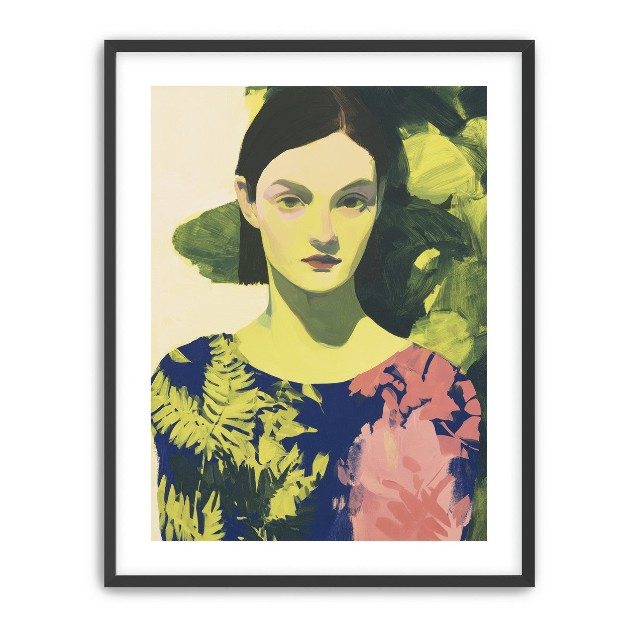 Green leaves behind her portrait