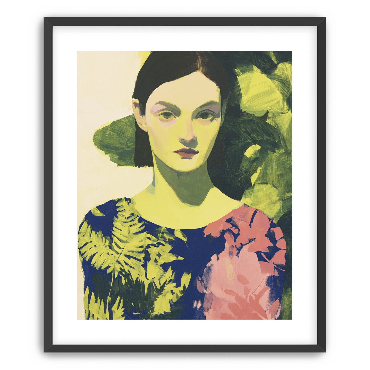 Green leaves behind her portrait