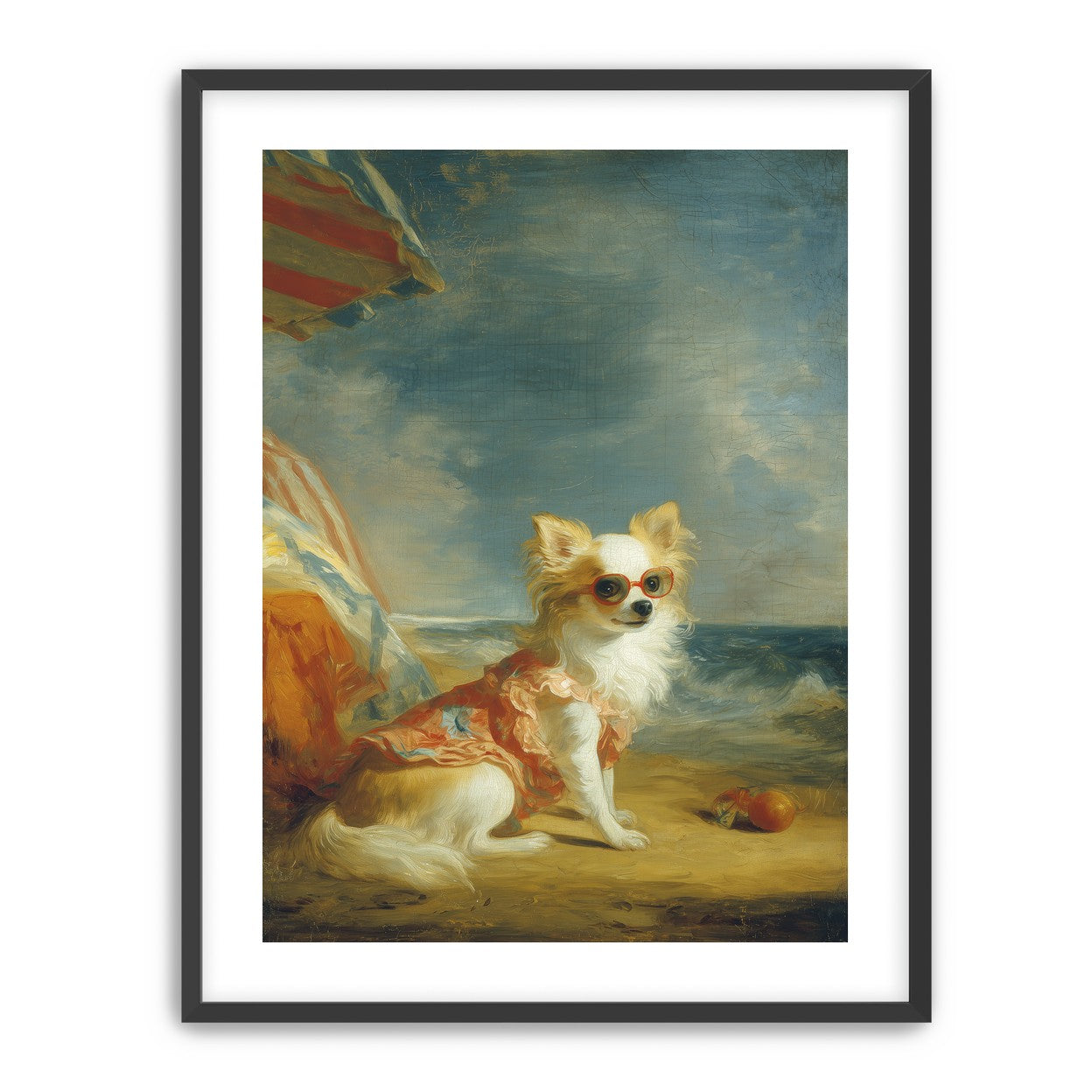 Seaside dog in red sunglasses