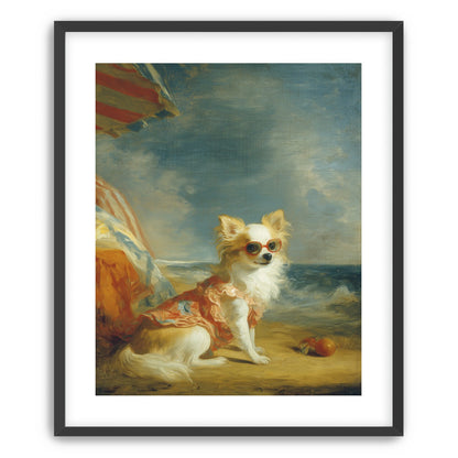Seaside dog in red sunglasses