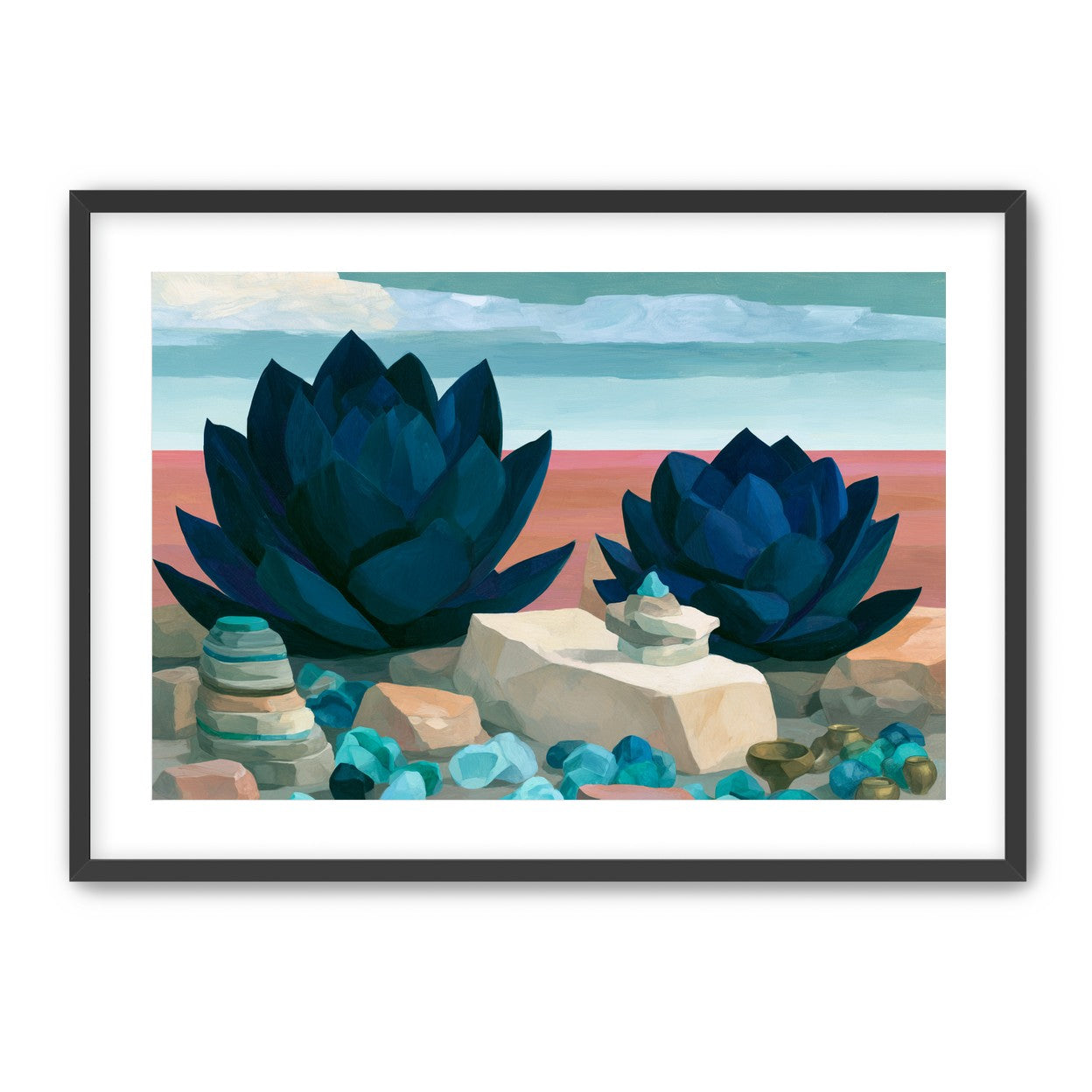 Deep blue blooms on coral ground