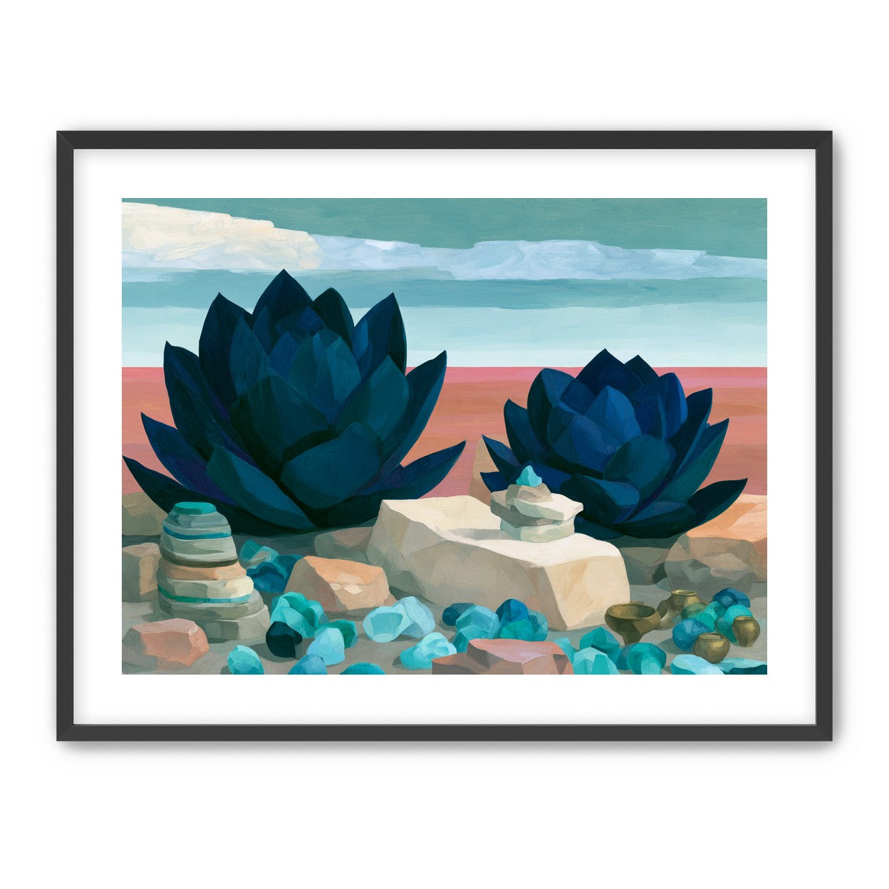 Deep blue blooms on coral ground