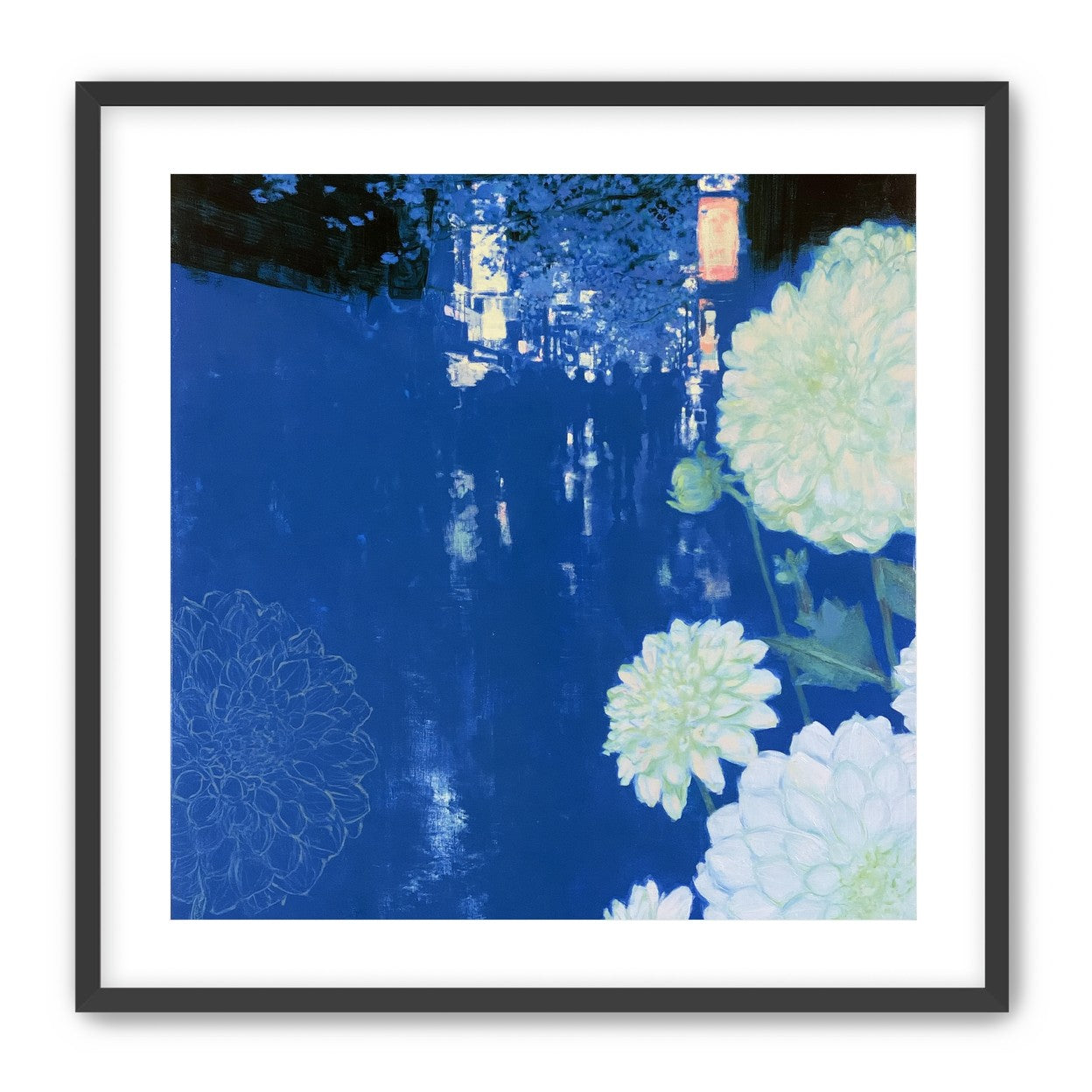 White blooms on blue canal