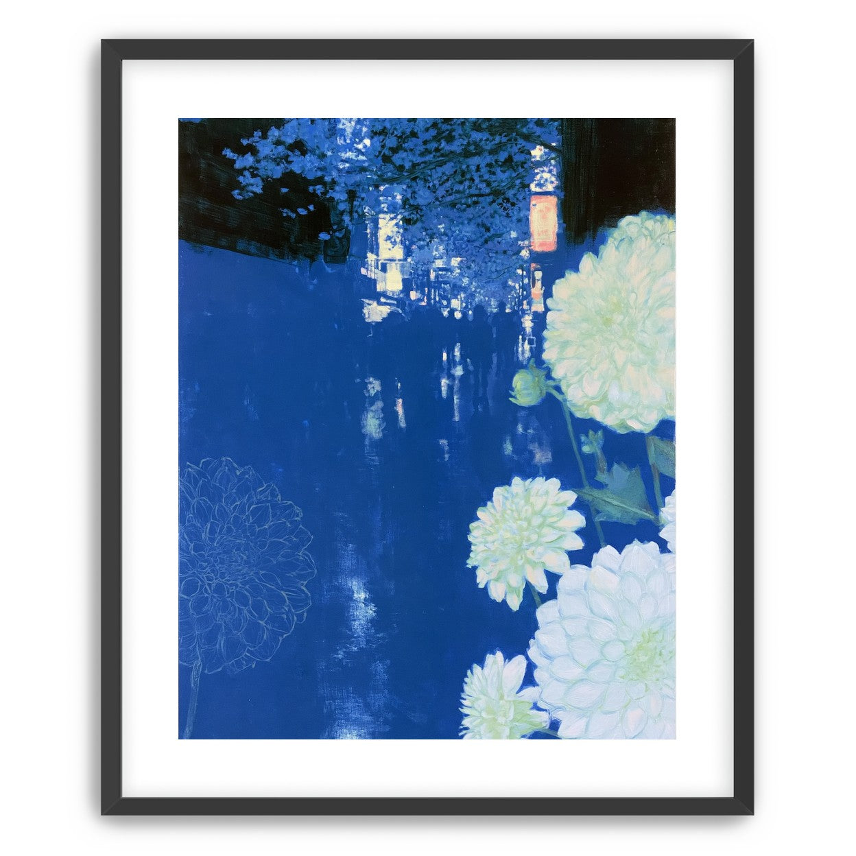 White blooms on blue canal