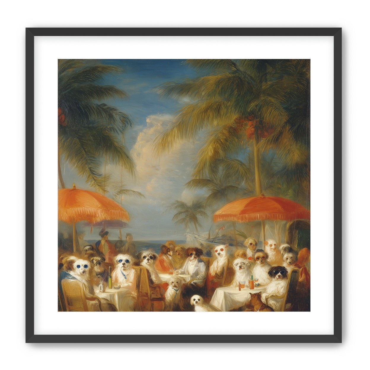 Dogs at seaside tables