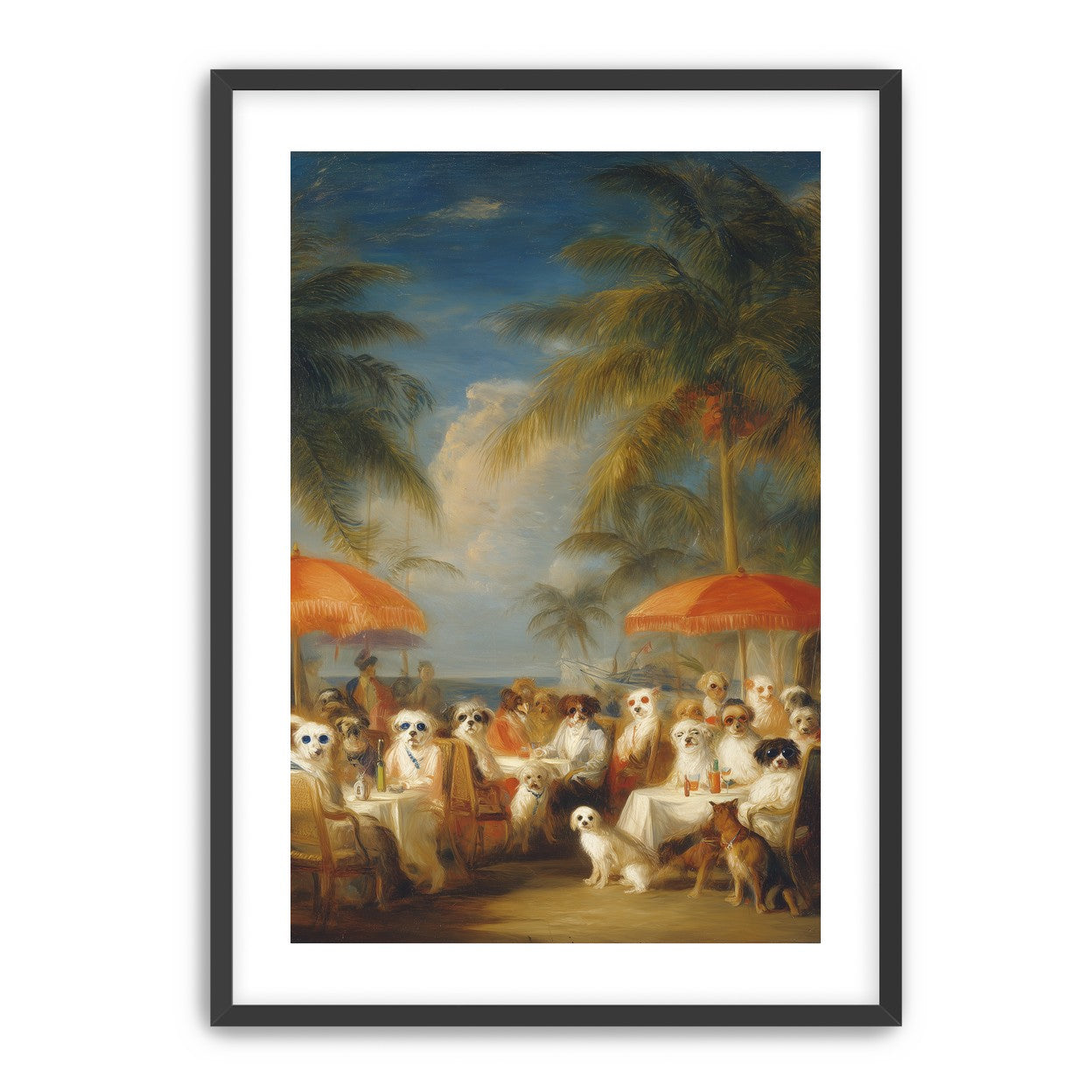 Dogs at seaside tables