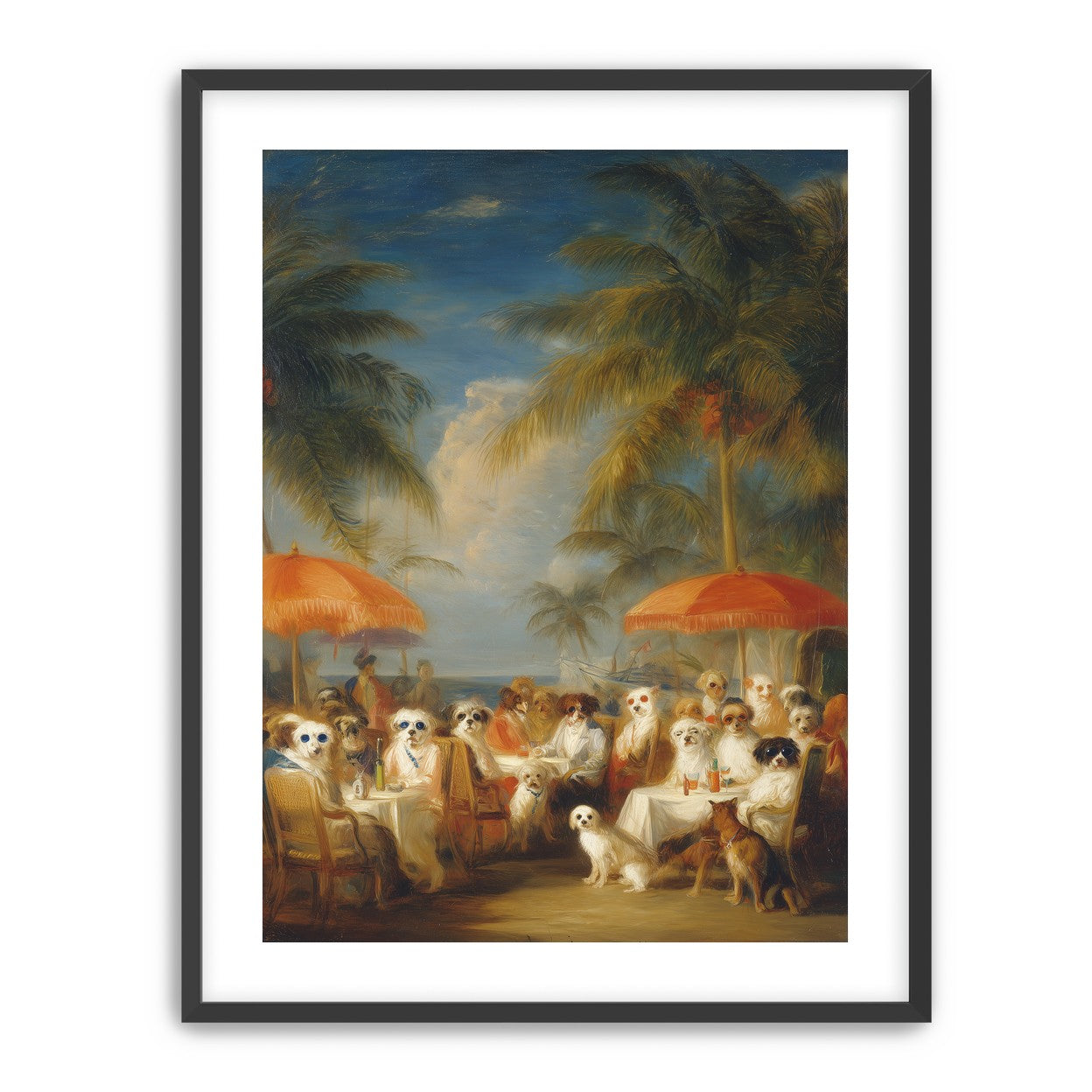 Dogs at seaside tables
