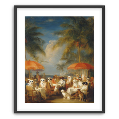Dogs at seaside tables
