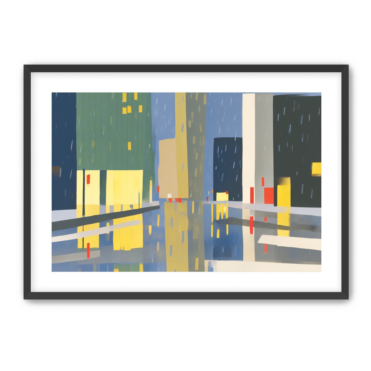Yellow windows on wet blue street