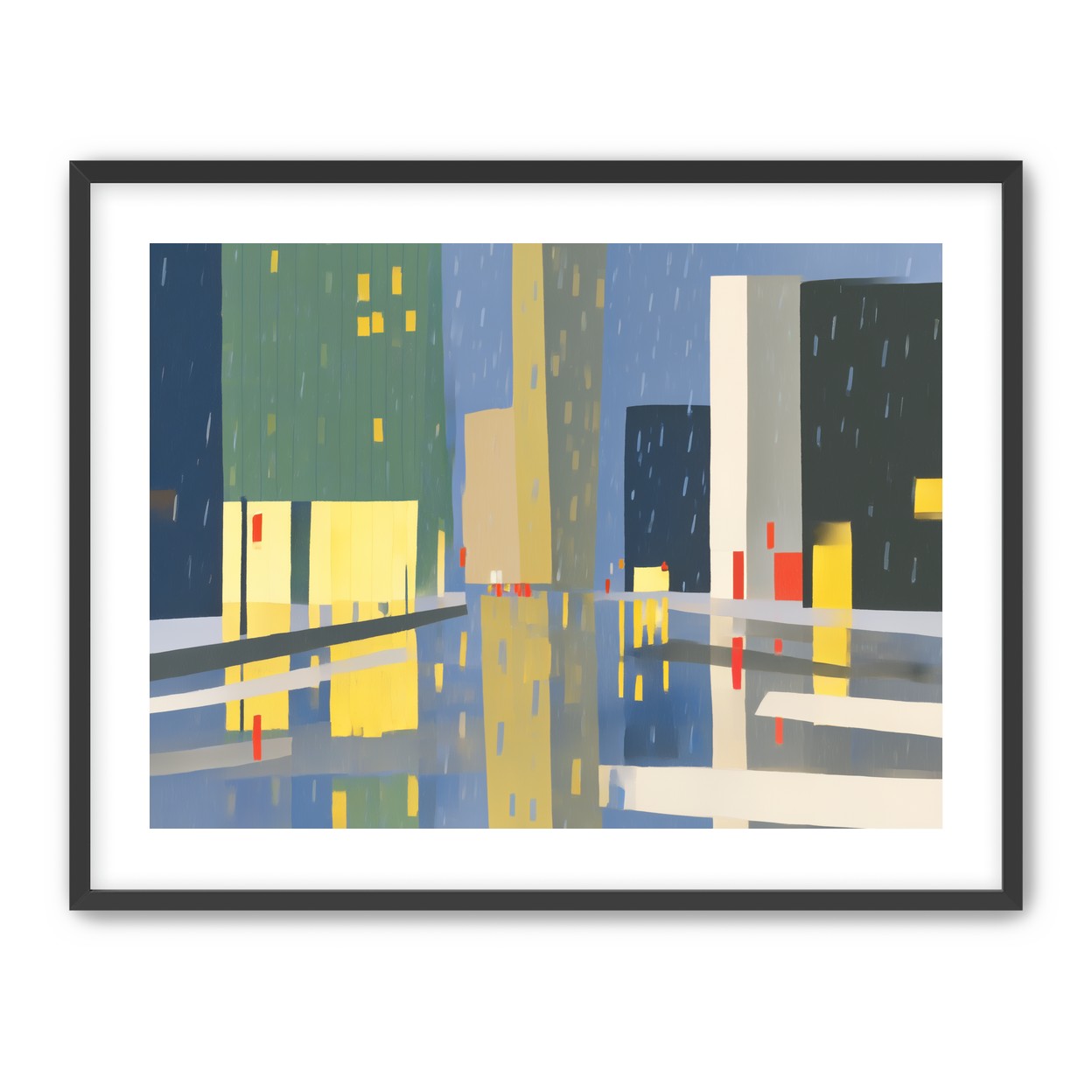 Yellow windows on wet blue street