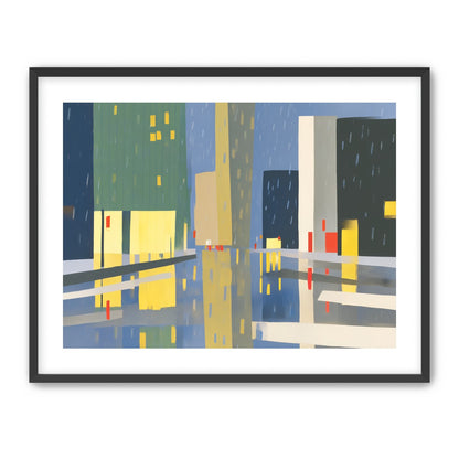 Yellow windows on wet blue street