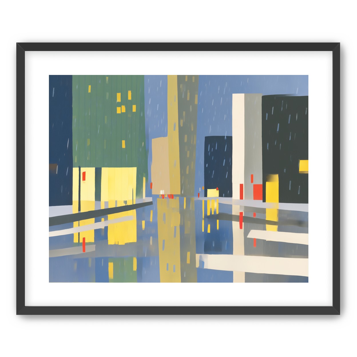 Yellow windows on wet blue street