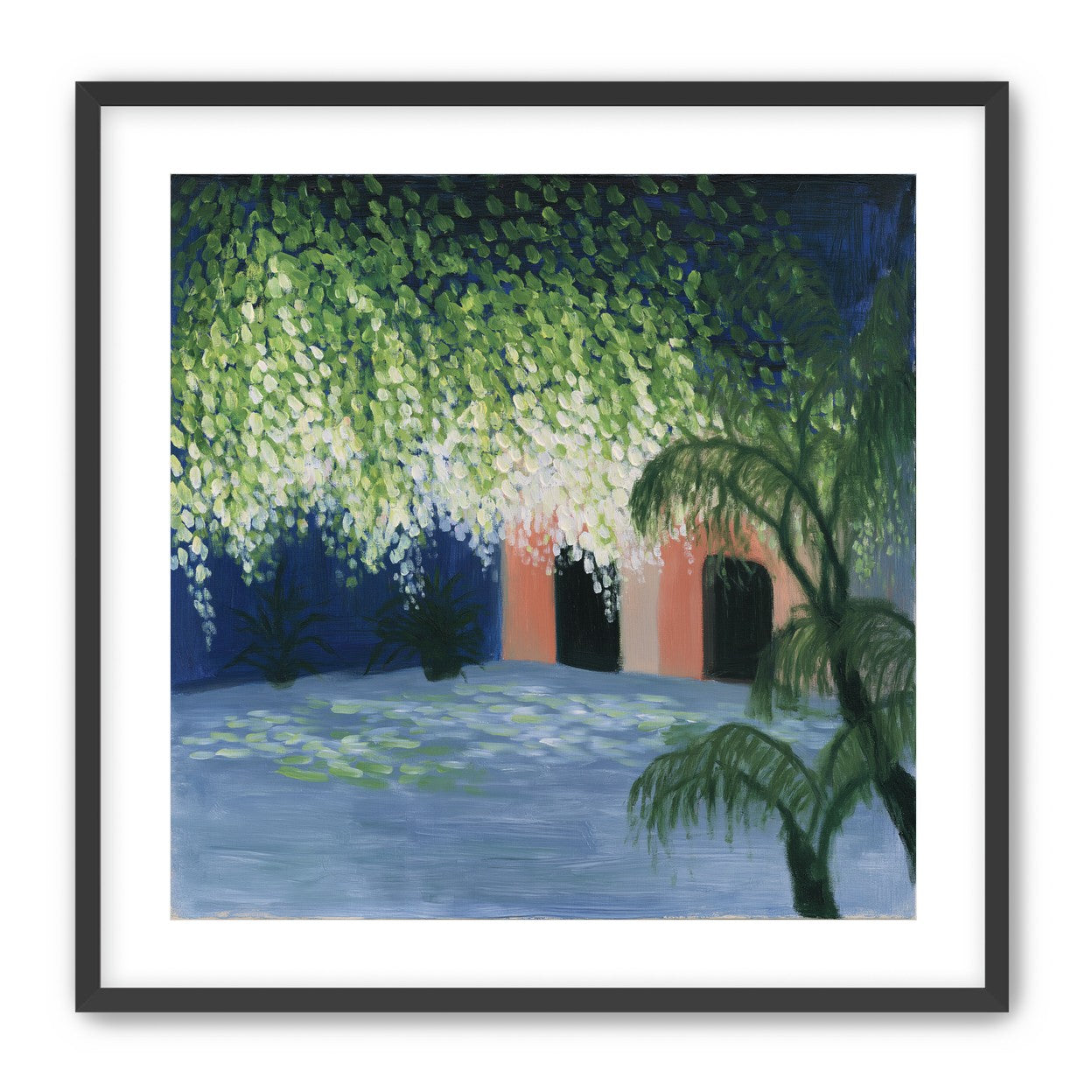 Doorway under falling blossoms