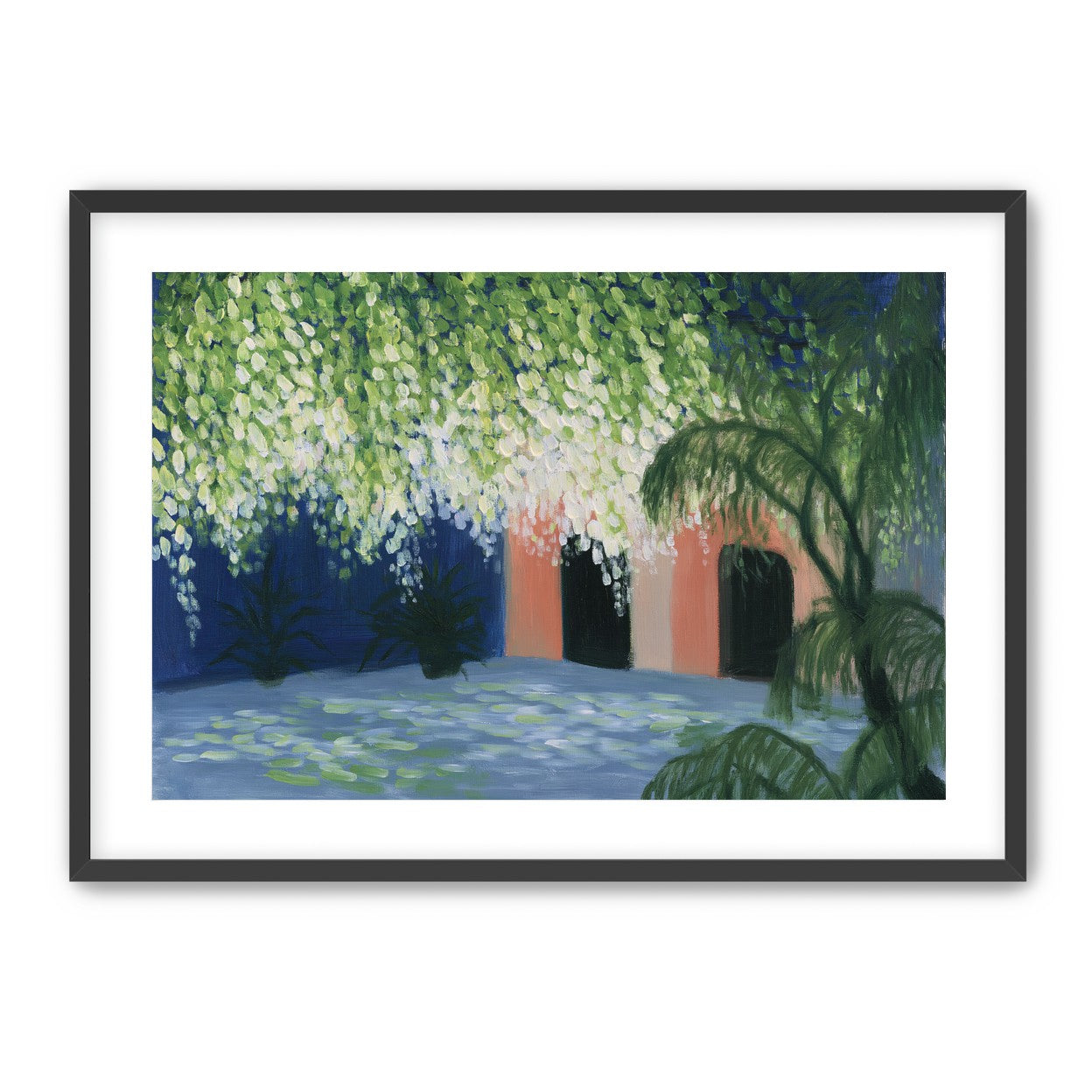 Doorway under falling blossoms